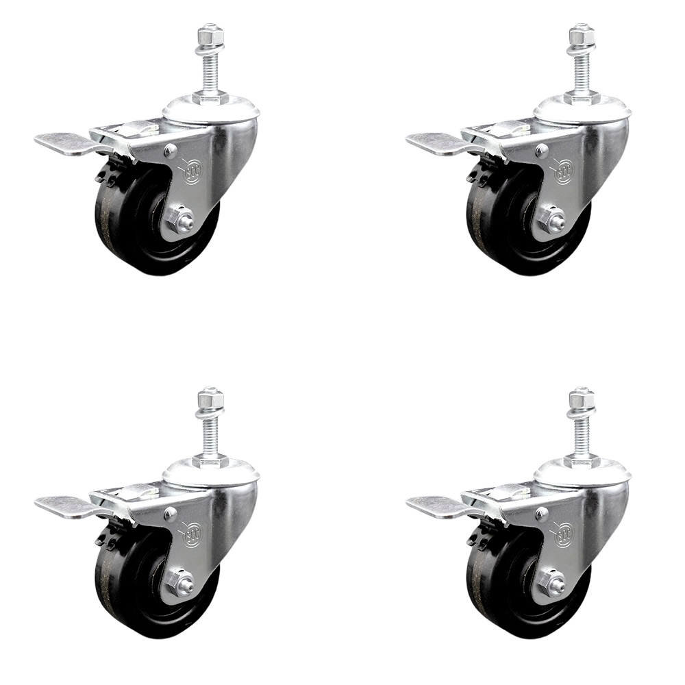 Phenolic Swivel Threaded Stem Caster w/Roller Bearing Set of 4 w/3" x 1.25" Black Wheels and 10mm Stems - Includes 4 with Total Lock Brakes - 1200 lbs Total Capacity - Service Caster Brand — photo 1