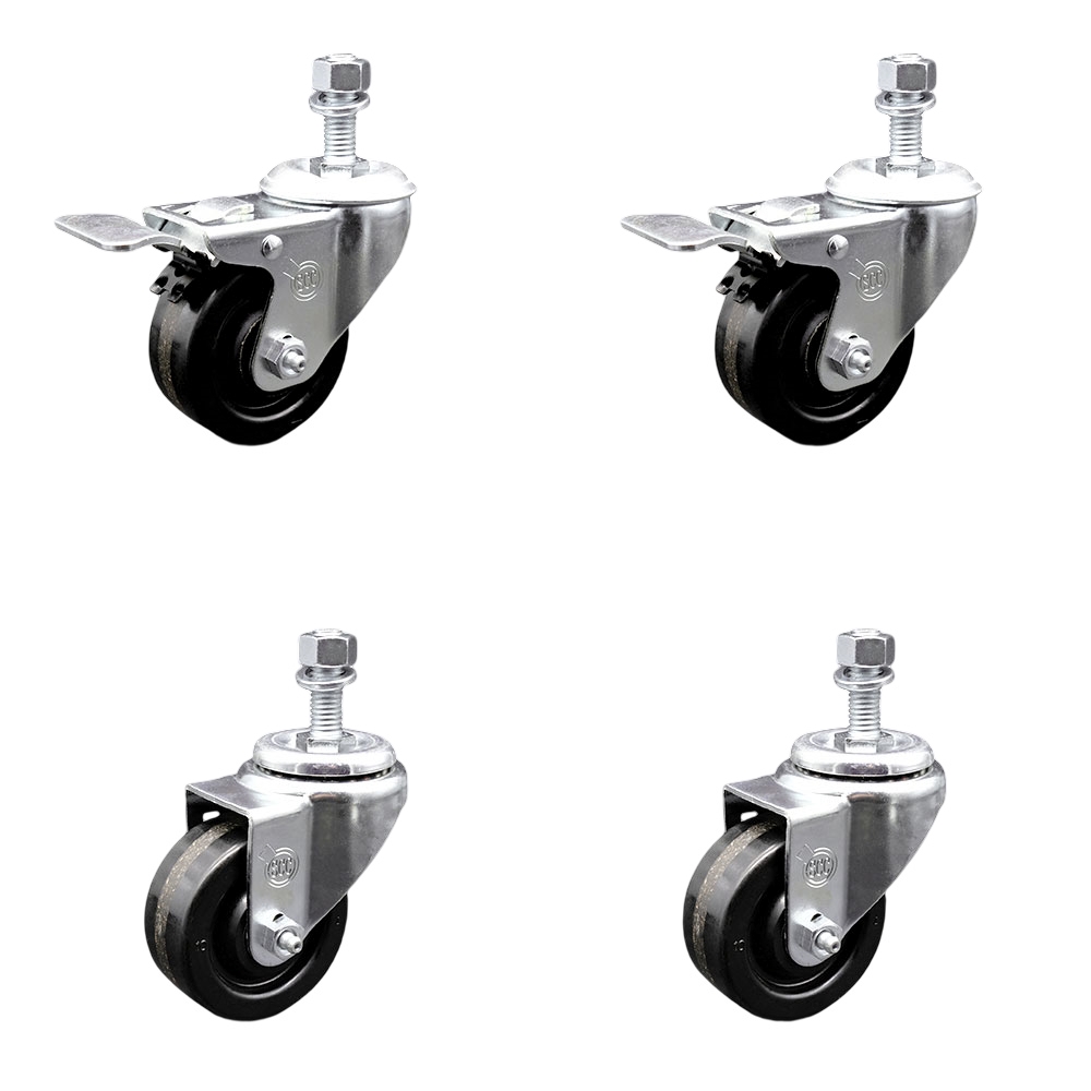 Phenolic Swivel Threaded Stem Caster Set of 4 w/Roller Bearing - 3" x 1.25" Black Wheels and 12MM Metric Stems - Includes 2 with Total Locking Brake - 1200 lbs Total Capacity - Service Caster Brand — photo 1
