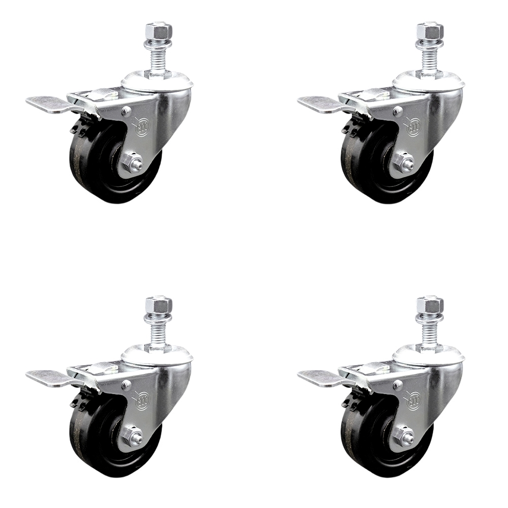 Phenolic Swivel Threaded Stem Caster w/Roller Bearing Set of 4 w/3" x 1.25" Black Wheels and 12mm Stems - Includes 4 with Total Lock Brakes - 1200 lbs Total Capacity - Service Caster Brand — photo 1