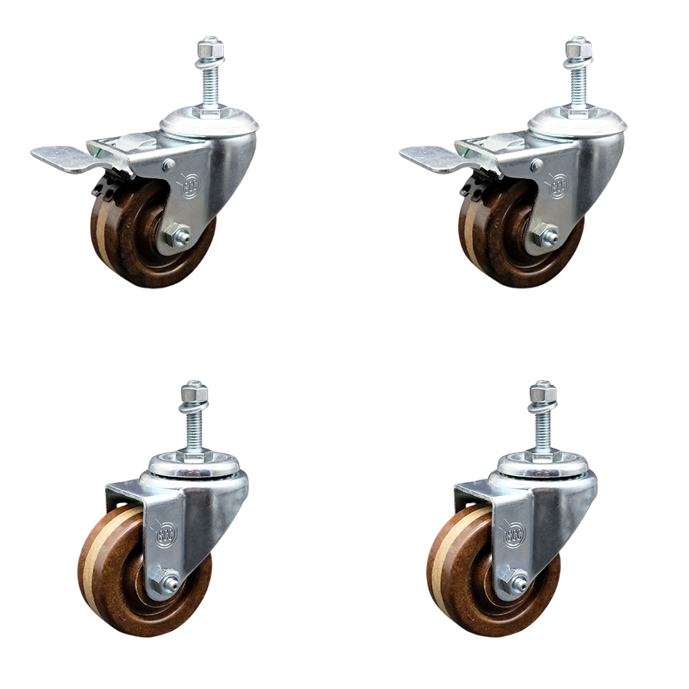 High Temperature Phenolic Swivel Threaded Stem Caster Set 4 w/Roller Bearing - 3" x 1.25" Brown Wheels and 3/8" Stems - Includes 2 with Total Locking Brake-1200 lbs Total Capacity-Service Caster Brand — photo 1