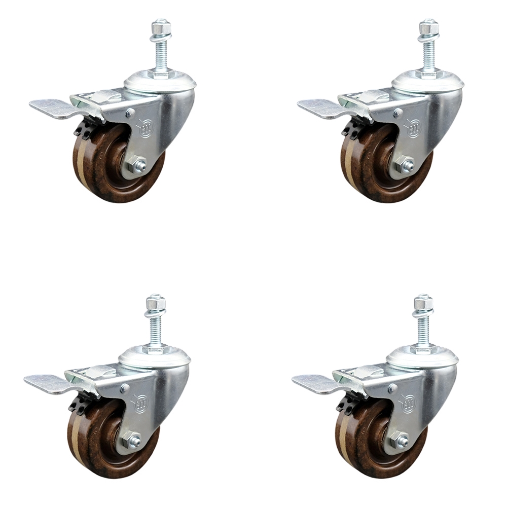 High Temperature Phenolic Swivel Threaded Stem Caster Set of 4 w/3" x 1.25" Brown Wheels and 3/8" Stems - Includes 4 with Total Lock Brakes - 1200 lbs Total Capacity - Service Caster Brand — photo 1