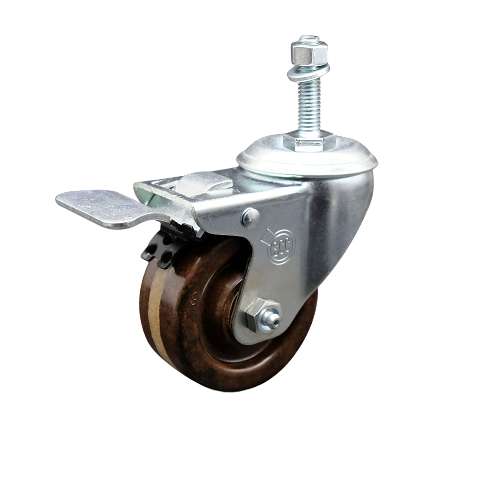 High Temperature Phenolic Swivel Threaded Stem Caster w/Roller Bearing - 3" x 1.25" Brown Wheel and 3/8" Stem & Total Locking Brake - 300 lbs Capacity/Caster - Service Caster Brand — photo 1