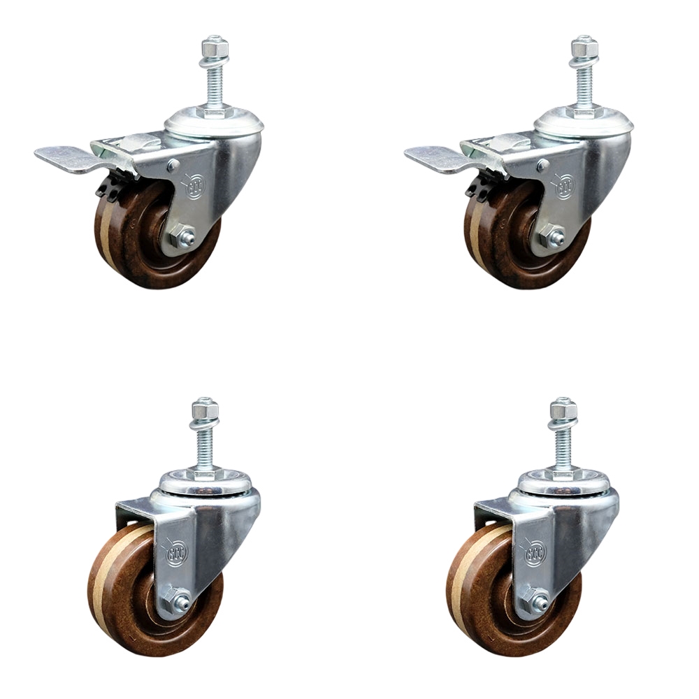 High Temperature Phenolic Swivel Threaded Stem Caster Set 4 w/Roller Bearing-3" x 1.25" Brown Wheels & 10MM Metric Stems-Includes 2 with Total Locking Brake-1200lbs Total Capacity-Service Caster Brand — photo 1