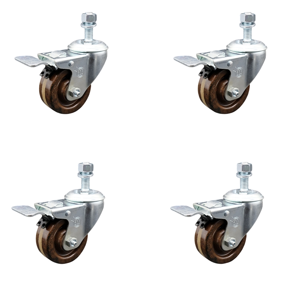 High Temperature Phenolic Swivel Threaded Stem Caster w/Roller Bearing Set of 4 w/3" x 1.25" Brown Wheels & 10mm Stems - Includes 4 with Total Lock Brakes- 1200 lbs Total Capacity-Service Caster Brand — photo 1