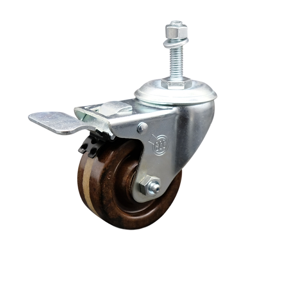 High Temperature Phenolic Swivel Threaded Stem Caster w/Roller Bearing - 3" x 1.25" Brown Wheel and 10MM Metric Stem & Total Locking Brake - 300 lbs Capacity/Caster - Service Caster Brand — photo 1