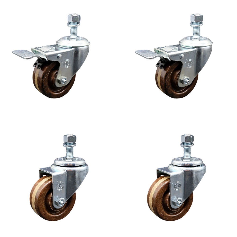 High Temperature Phenolic Swivel Threaded Stem Caster Set 4 w/Roller Bearing-3" x 1.25" Brown Wheels & 12MM Metric Stems-Includes 2 with Total Locking Brake-1200lbs Total Capacity-Service Caster Brand — photo 1