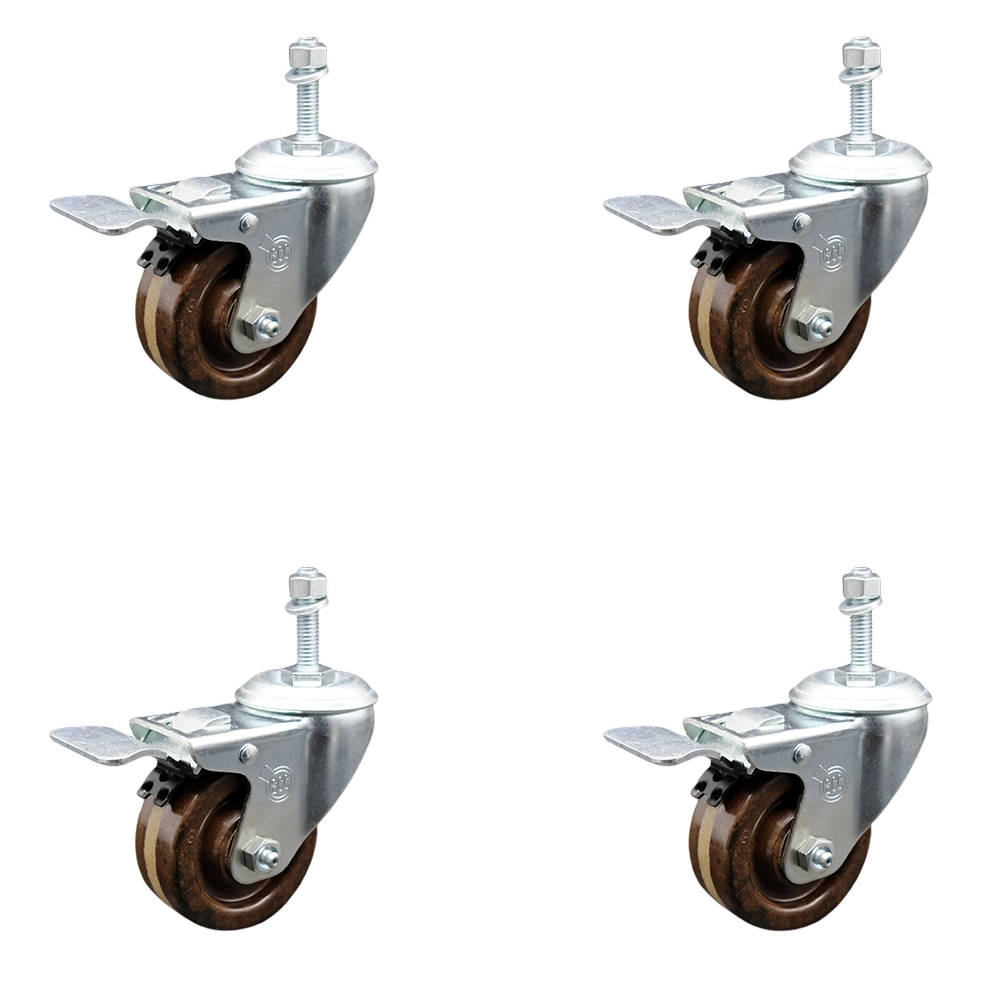 High Temperature Phenolic Swivel Threaded Stem Caster Set of 4 w/3" x 1.25" Brown Wheels and 12mm Stems - Includes 4 with Total Lock Brakes - 1200 lbs Total Capacity - Service Caster Brand — photo 1