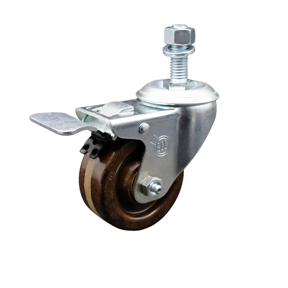 High Temperature Phenolic Swivel Threaded Stem Caster w/Roller Bearing - 3" x 1.25" Brown Wheel and 12MM Metric Stem & Total Locking Brake - 300 lbs Capacity/Caster - Service Caster Brand — photo 1