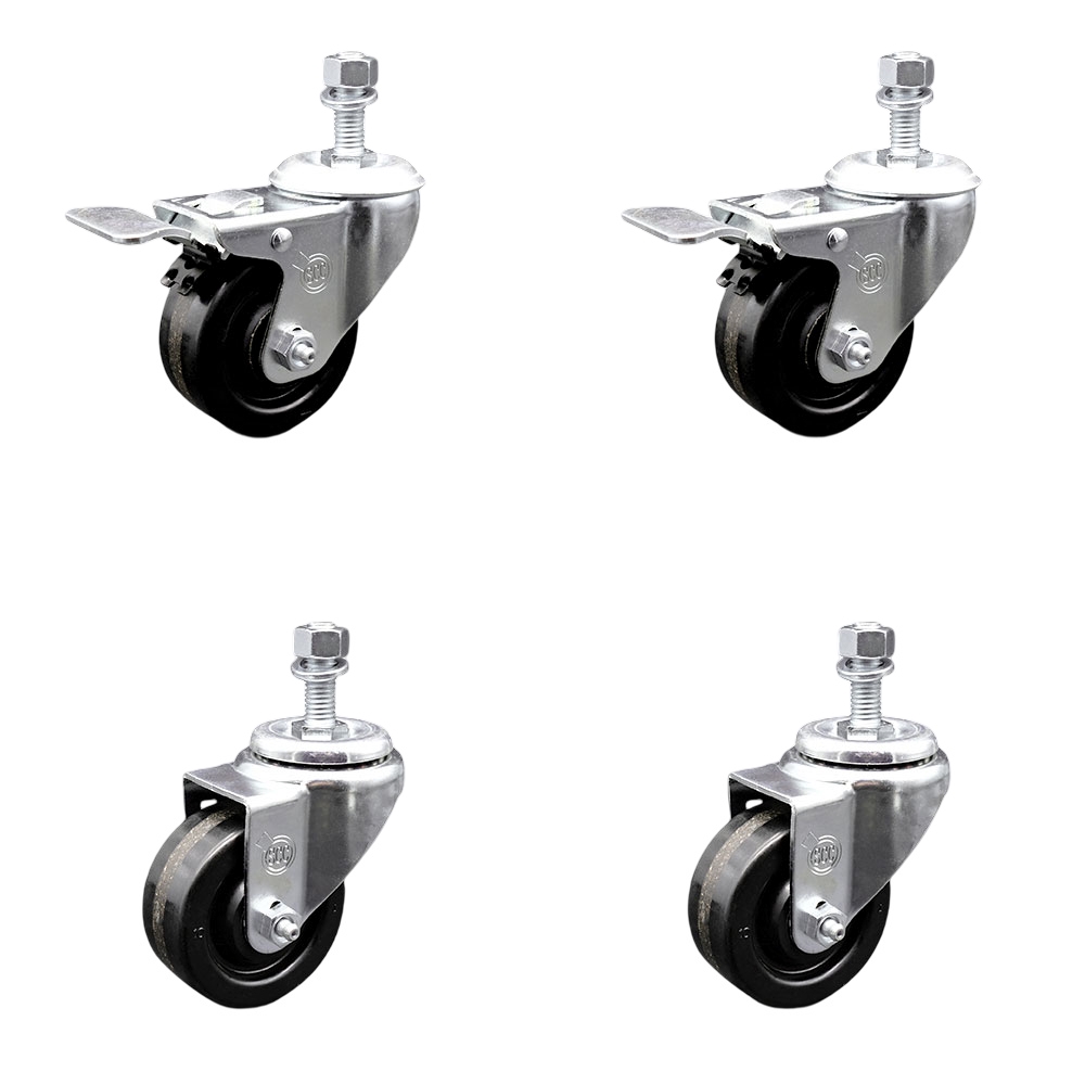 Phenolic Swivel Threaded Stem Caster Set of 4 w/3" x 1.25" Black Wheels and 1/2" Stems - Includes 2 with Total Locking Brake - 1200 lbs Total Capacity - Service Caster Brand — photo 1
