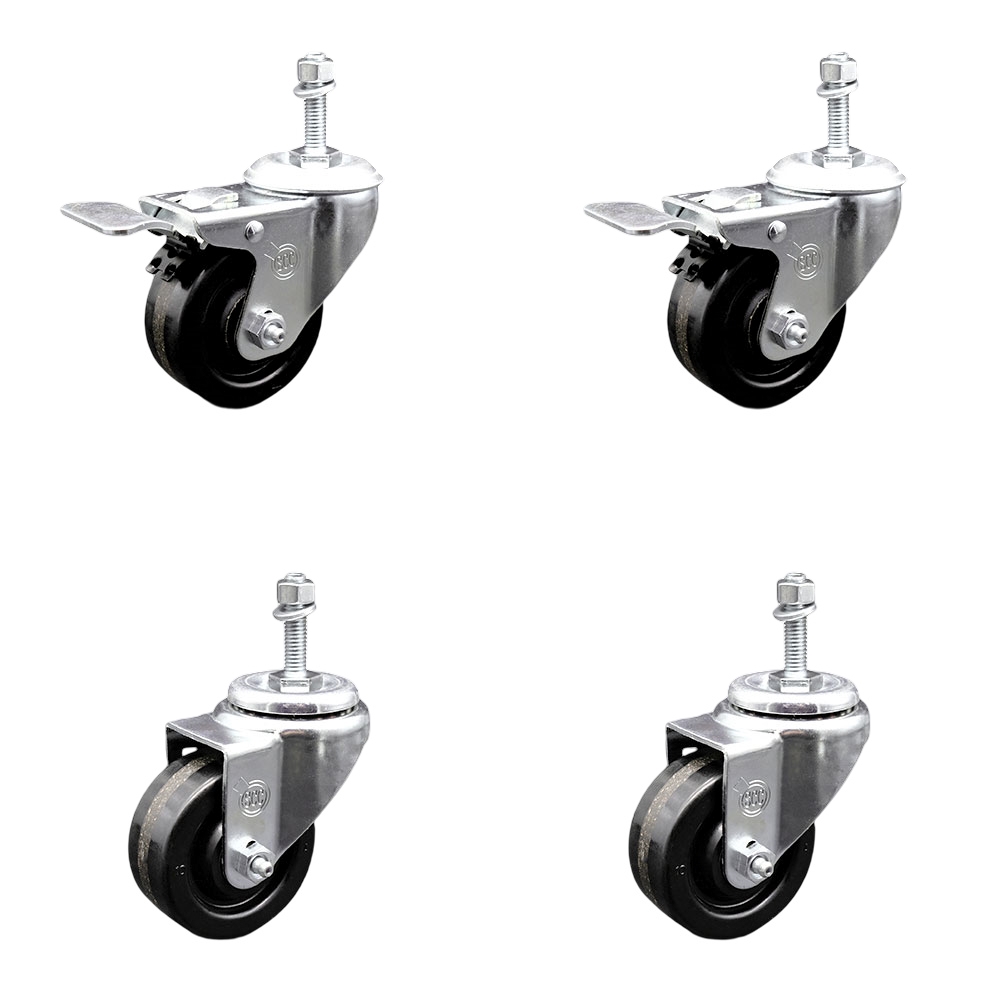 Phenolic Swivel Threaded Stem Caster Set of 4 w/3" x 1.25" Black Wheels and 3/8" Stems - Includes 2 with Total Locking Brake - 1200 lbs Total Capacity - Service Caster Brand — photo 1