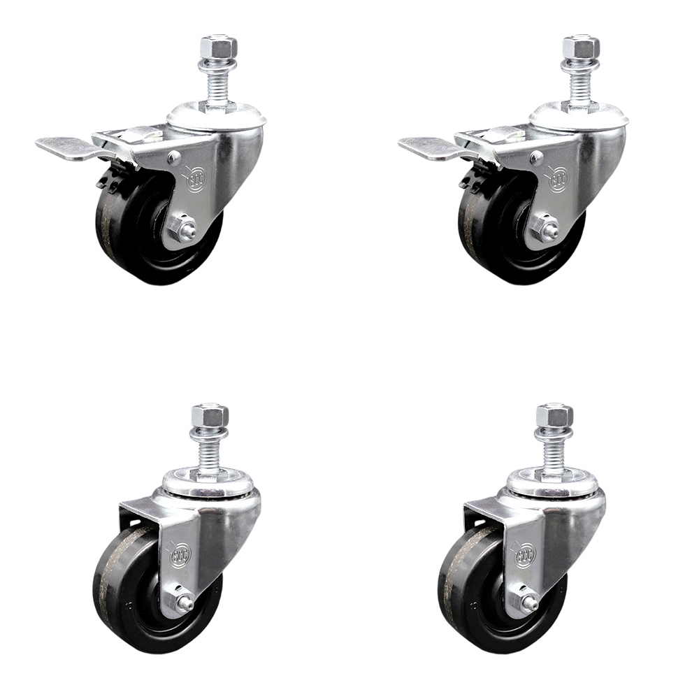 Phenolic Swivel Threaded Stem Caster Set of 4 w/3" x 1.25" Black Wheels and 12MM Metric Stems - Includes 2 with Total Locking Brake - 1200 lbs Total Capacity - Service Caster Brand — photo 1