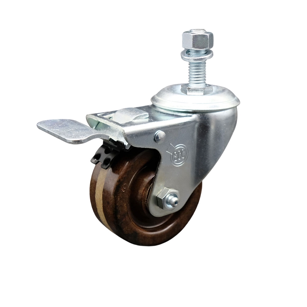 High Temperature Phenolic Swivel Threaded Stem Caster - 3" x 1.25" Brown Wheel and 1/2" Stem & Total Locking Brake - 300 lbs Capacity/Caster - Service Caster Brand — photo 1