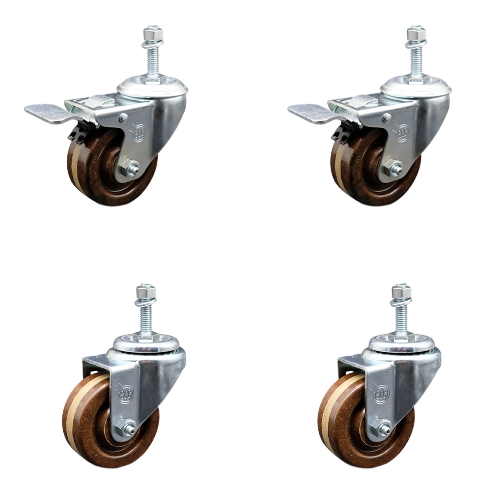 High Temperature Phenolic Swivel Threaded Stem Caster Set of 4 - 3" x 1.25" Brown Wheels and 10MM Metric Stems - Includes 2 with Total Locking Brake - 1200 lbs Total Capacity - Service Caster Brand — photo 1