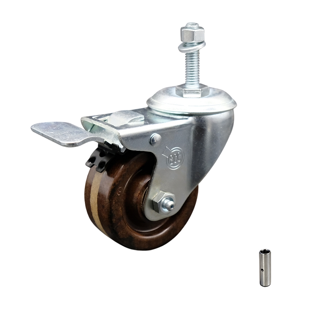 High Temperature Phenolic Swivel Threaded Stem Caster - 3" x 1.25" Brown Wheel and 10MM Metric Stem & Total Locking Brake - 300 lbs Capacity/Caster - Service Caster Brand — photo 1