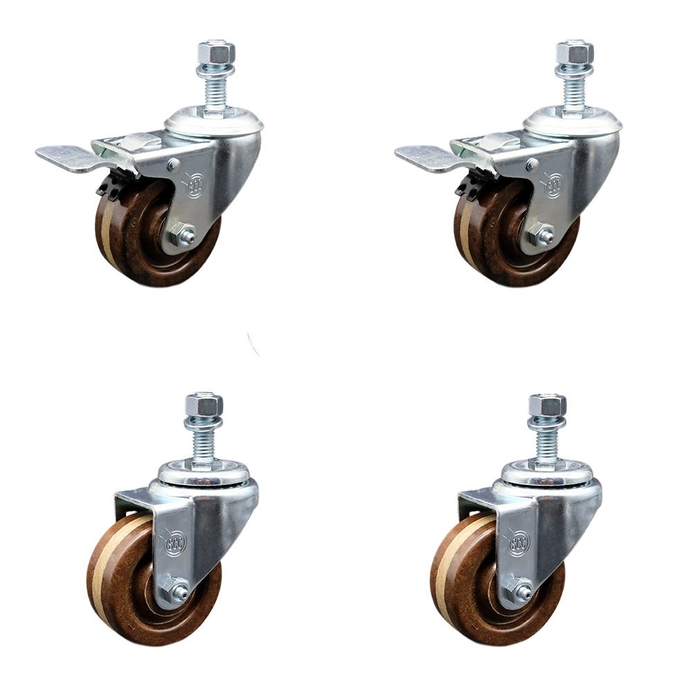 High Temperature Phenolic Swivel Threaded Stem Caster Set of 4 - 3" x 1.25" Brown Wheels and 12MM Metric Stems - Includes 2 with Total Locking Brake - 1200 lbs Total Capacity - Service Caster Brand — photo 1