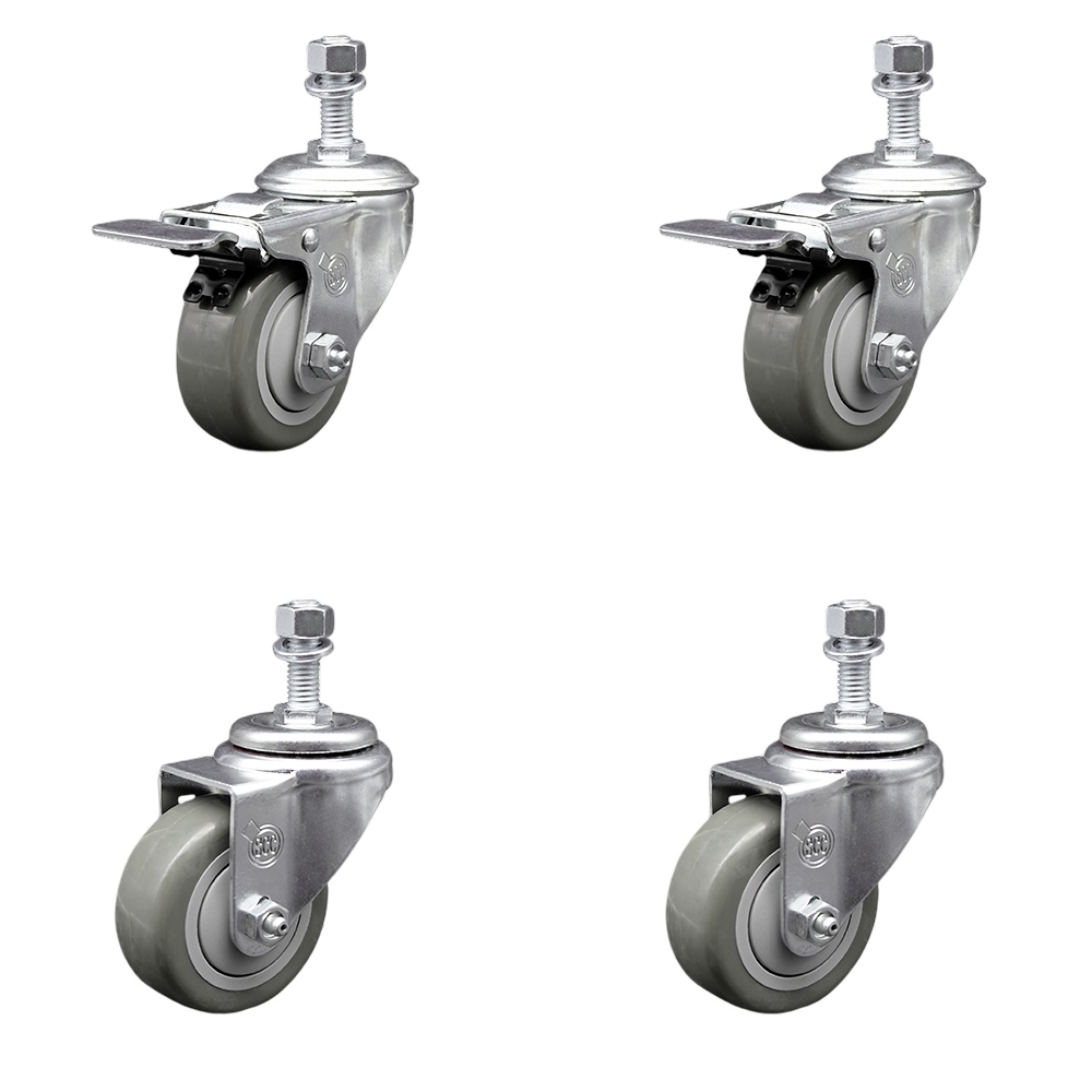 Polyurethane Swivel Threaded Stem Caster Set of 4 w/3" x 1.25" Gray Wheels and 1/2" Stems - Includes 2 with Total Locking Brake - 1200 lbs Total Capacity - Service Caster Brand — photo 1