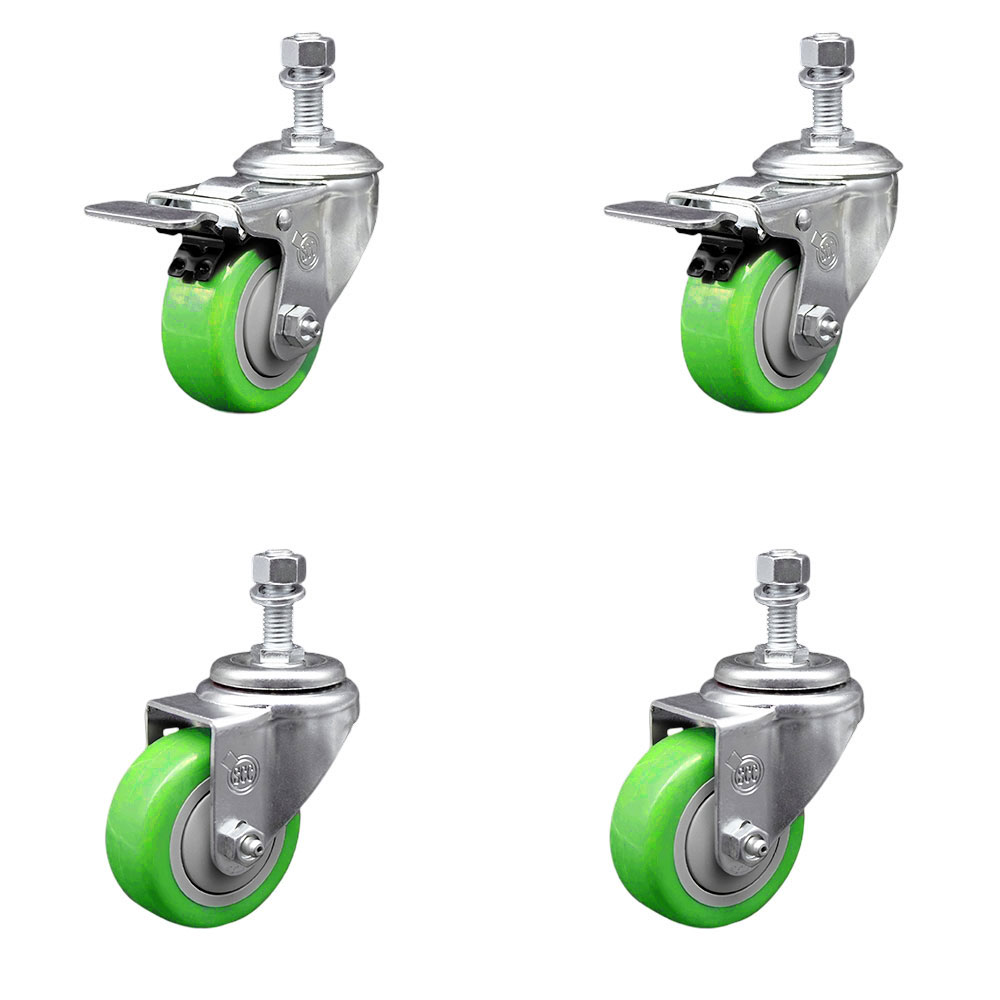 Polyurethane Swivel Threaded Stem Caster Set of 4 w/3" x 1.25" Green Wheels and 1/2" Stems - Includes 2 with Total Locking Brake - 1200 lbs Total Capacity - Service Caster Brand — photo 1