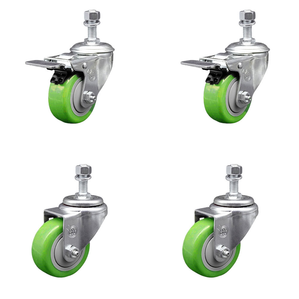 Stainless Steel Polyurethane Swivel Threaded Stem Caster Set of 4 w/3" x 1.25" Green Wheels and 1/2" Stems - Includes 2 with Total Locking Brake - 1200 lbs Total Capacity - Service Caster Brand — photo 1