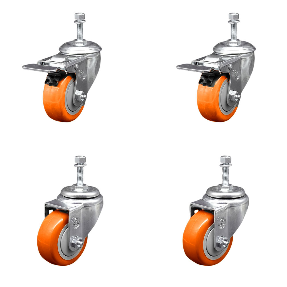 Polyurethane Swivel Threaded Stem Caster Set of 4 w/3" x 1.25" Orange Wheels and 3/8" Stems - Includes 2 with Total Locking Brake - 1200 lbs Total Capacity - Service Caster Brand — photo 1