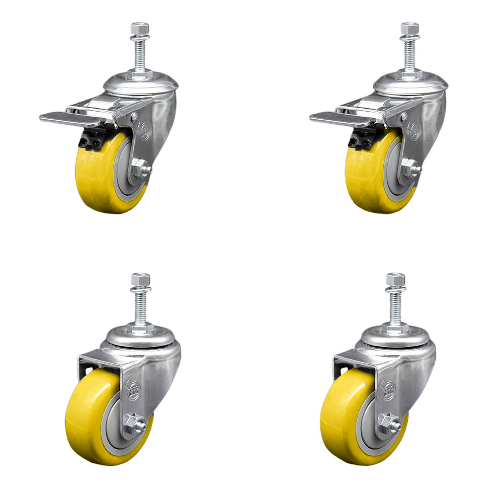 Polyurethane Swivel Threaded Stem Caster Set of 4 w/3" x 1.25" Yellow Wheels and 3/8" Stems - Includes 2 with Total Locking Brake - 1200 lbs Total Capacity - Service Caster Brand — photo 1