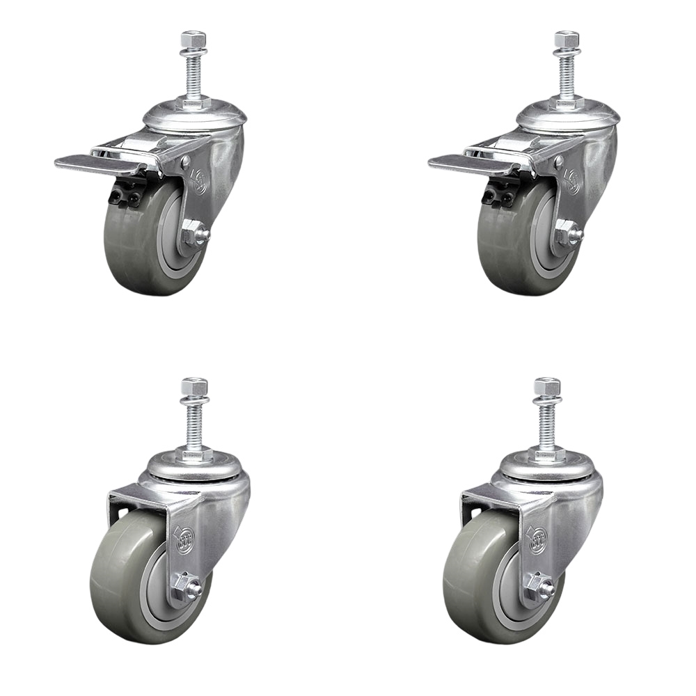 Polyurethane Swivel Threaded Stem Caster Set of 4 w/3" x 1.25" Gray Wheels and 3/8" Stems - Includes 2 with Total Locking Brake - 1200 lbs Total Capacity - Service Caster Brand — photo 1