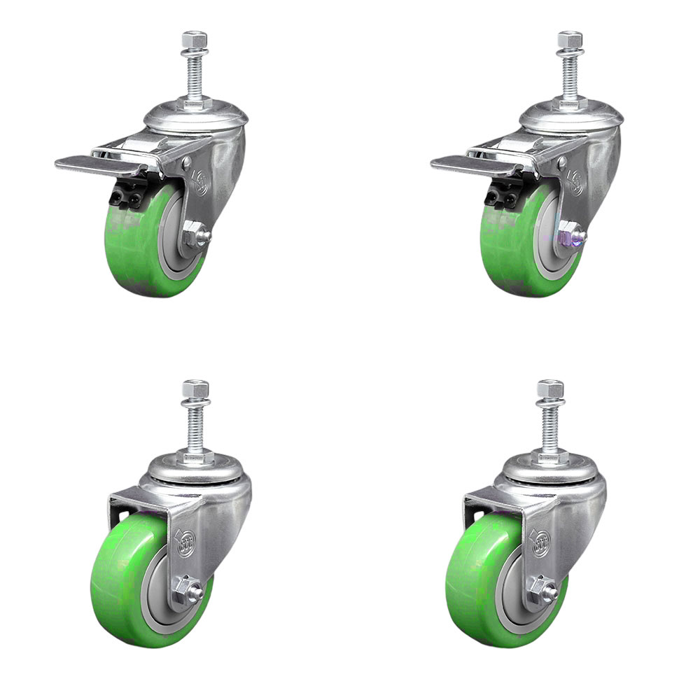 Stainless Steel Polyurethane Swivel Threaded Stem Caster Set of 4 w/3" x 1.25" Green Wheels and 3/8" Stems - Includes 2 with Total Locking Brake - 1200 lbs Total Capacity - Service Caster Brand — photo 1