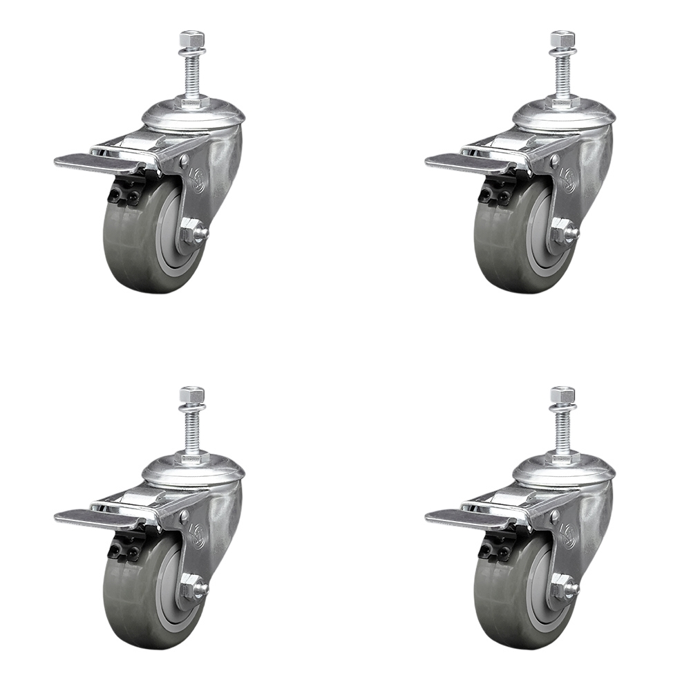 Service Caster Brand Replacement Set for Laguna Casters - Swivel 3/8 Inch Threaded Stem Casters with 3 Inch Gray Polyurethane Wheels and Total Lock Brakes - Fits Laguna SuperBrush Single 49 3PH 220V — photo 1