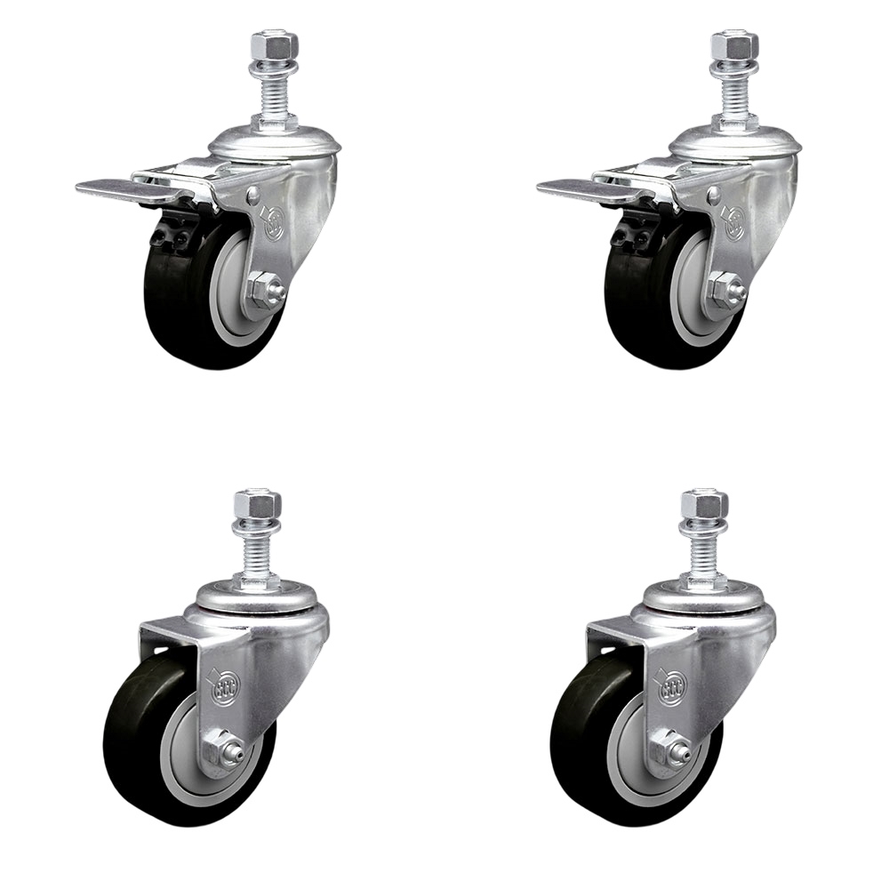 Polyurethane Swivel Threaded Stem Caster Set of 4 w/3" x 1.25"  Black Wheels and 1/2" Stems - Includes 2 with Total Locking Brake - 1200 lbs Total Capacity - Service Caster Brand — photo 1