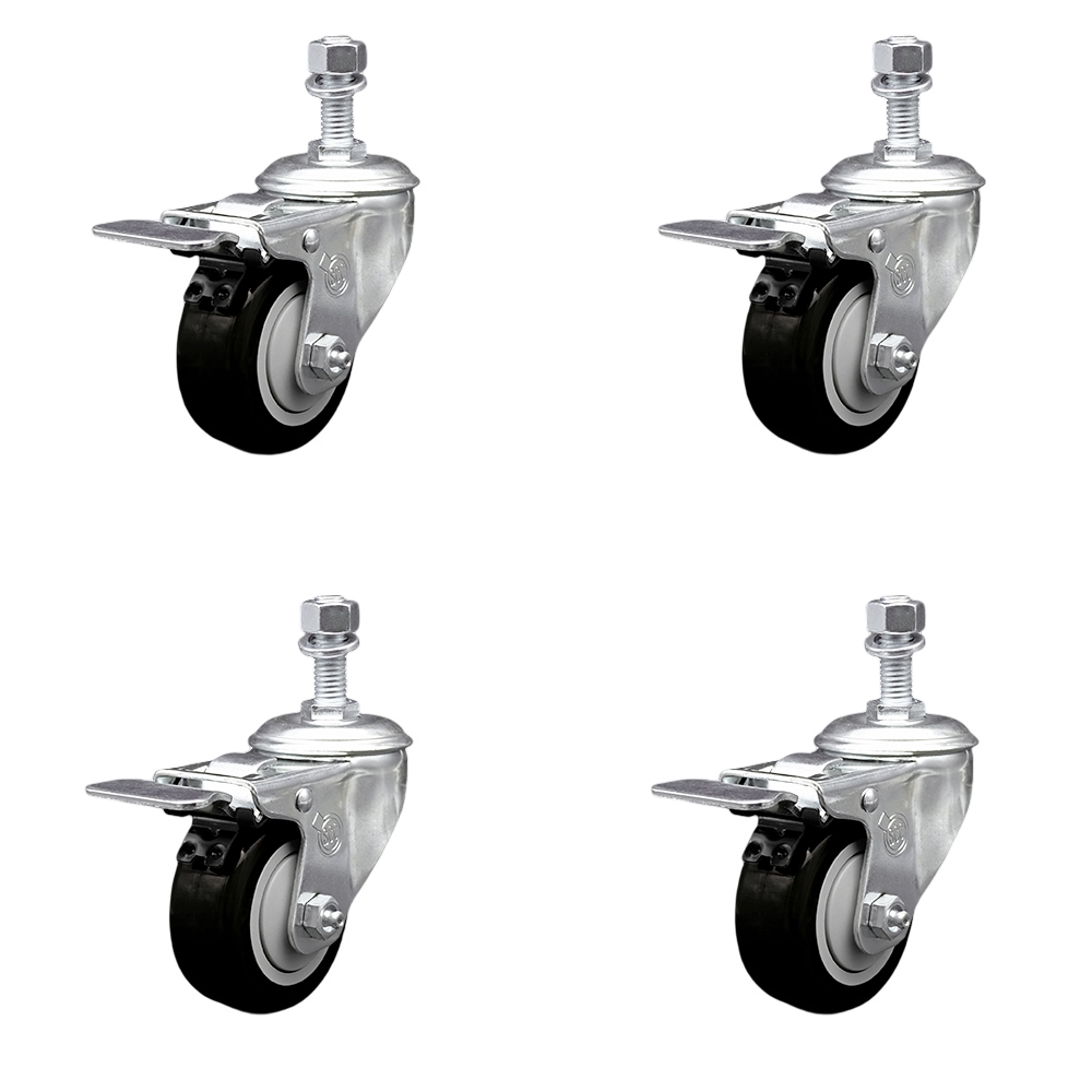 Polyurethane Swivel Threaded Stem Caster Set of 4 w/3" x 1.25" Black Wheels and 1/2" Stems - Includes 4 with Total Lock Brakes - 1200 lbs Total Capacity - Service Caster Brand — photo 1