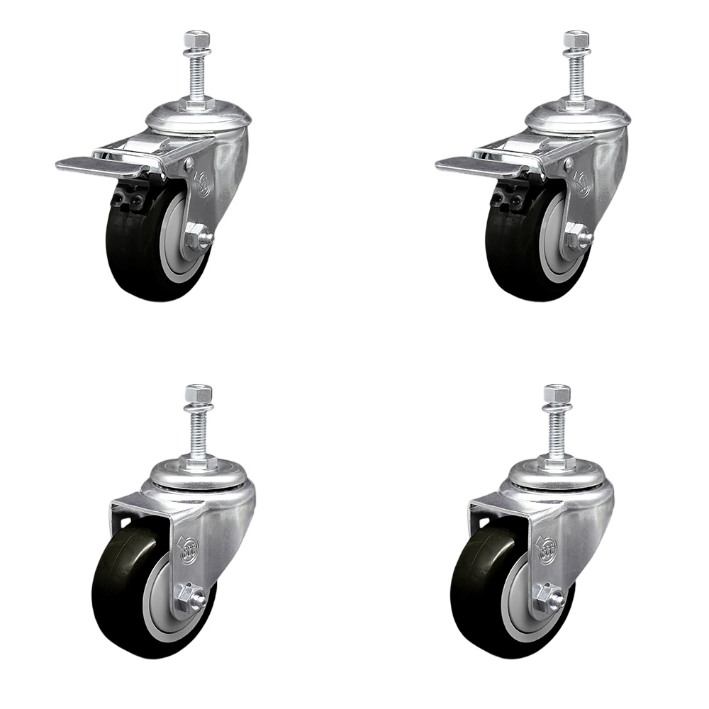 Polyurethane Swivel Threaded Stem Caster Set of 4 w/3" x 1.25"  Black Wheels and 3/8" Stems - Includes 2 with Total Locking Brake - 1200 lbs Total Capacity - Service Caster Brand — photo 1