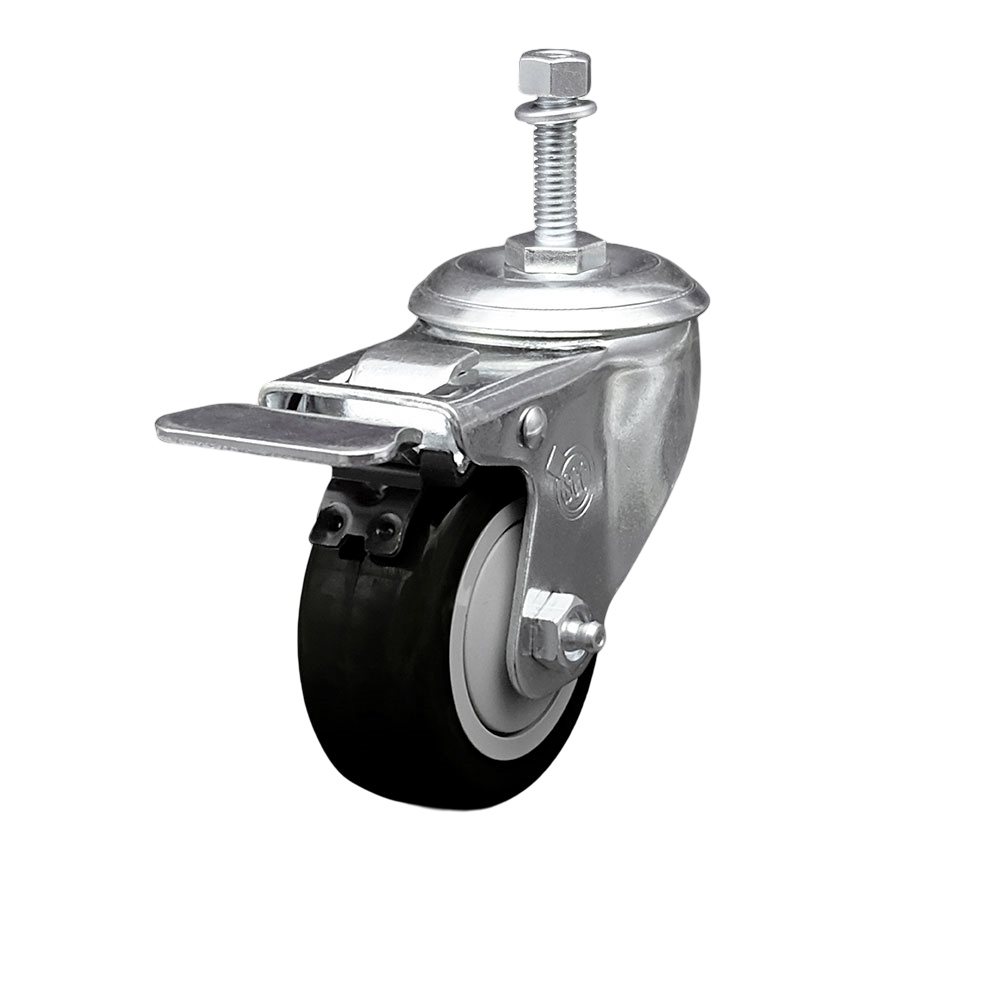 3" Swivel Caster with 3/8" Threaded Stem, Black Polyurethane Wheel and Total Lock Brake - 300 lbs. Capacity - Service Caster Brand — photo 1