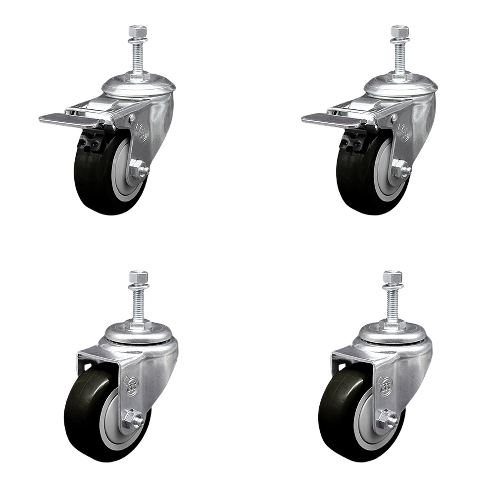 Polyurethane Swivel Threaded Stem Caster Set of 4 w/3" x 1.25"  Black Wheels and 10mm Stems - Includes 2 with Total Locking Brake - 1200 lbs Total Capacity - Service Caster Brand — photo 1