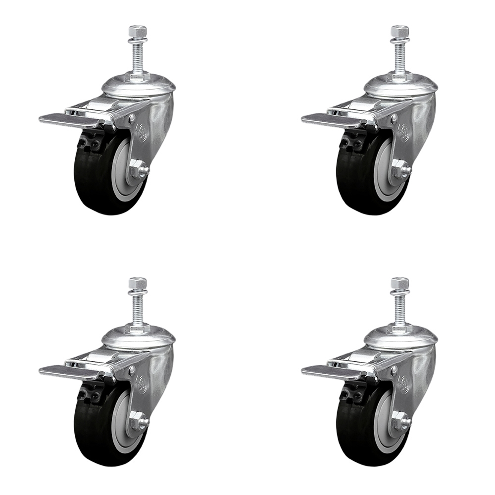 Polyurethane Swivel Threaded Stem Caster Set of 4 w/3" x 1.25" Black Wheels and 10mm Stems - Includes 4 with Total Lock Brakes - 1200 lbs Total Capacity - Service Caster Brand — photo 1