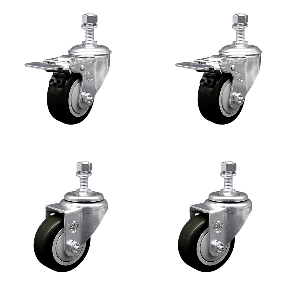 Polyurethane Swivel Threaded Stem Caster Set of 4 w/3" x 1.25"  Black Wheels and 12mm Stems - Includes 2 with Total Locking Brake - 1200 lbs Total Capacity - Service Caster Brand — photo 1
