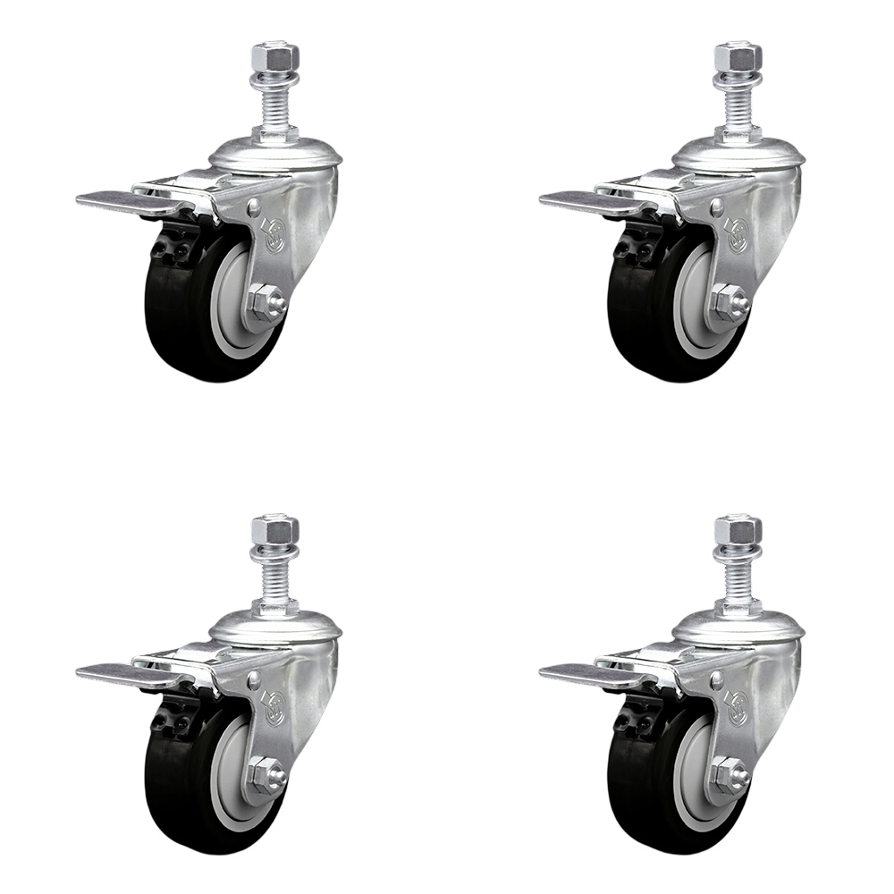 Polyurethane Swivel Threaded Stem Caster Set of 4 w/3" x 1.25" Black Wheels and 12mm Stems - Includes 4 with Total Lock Brakes - 1200 lbs Total Capacity - Service Caster Brand — photo 1
