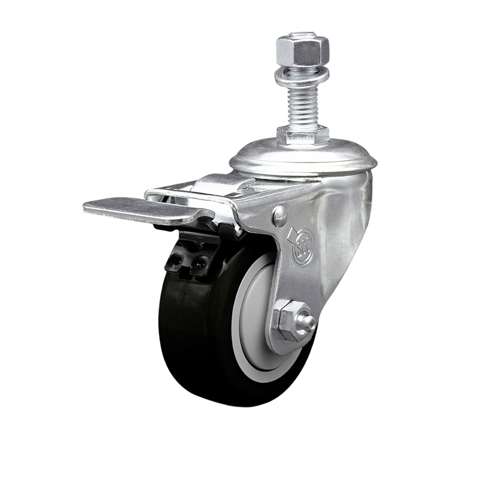 3" Swivel Caster with 12mm Threaded Stem, Black Polyurethane Wheel and Total Lock Brake - 300 lbs. Capacity - Service Caster Brand — photo 1