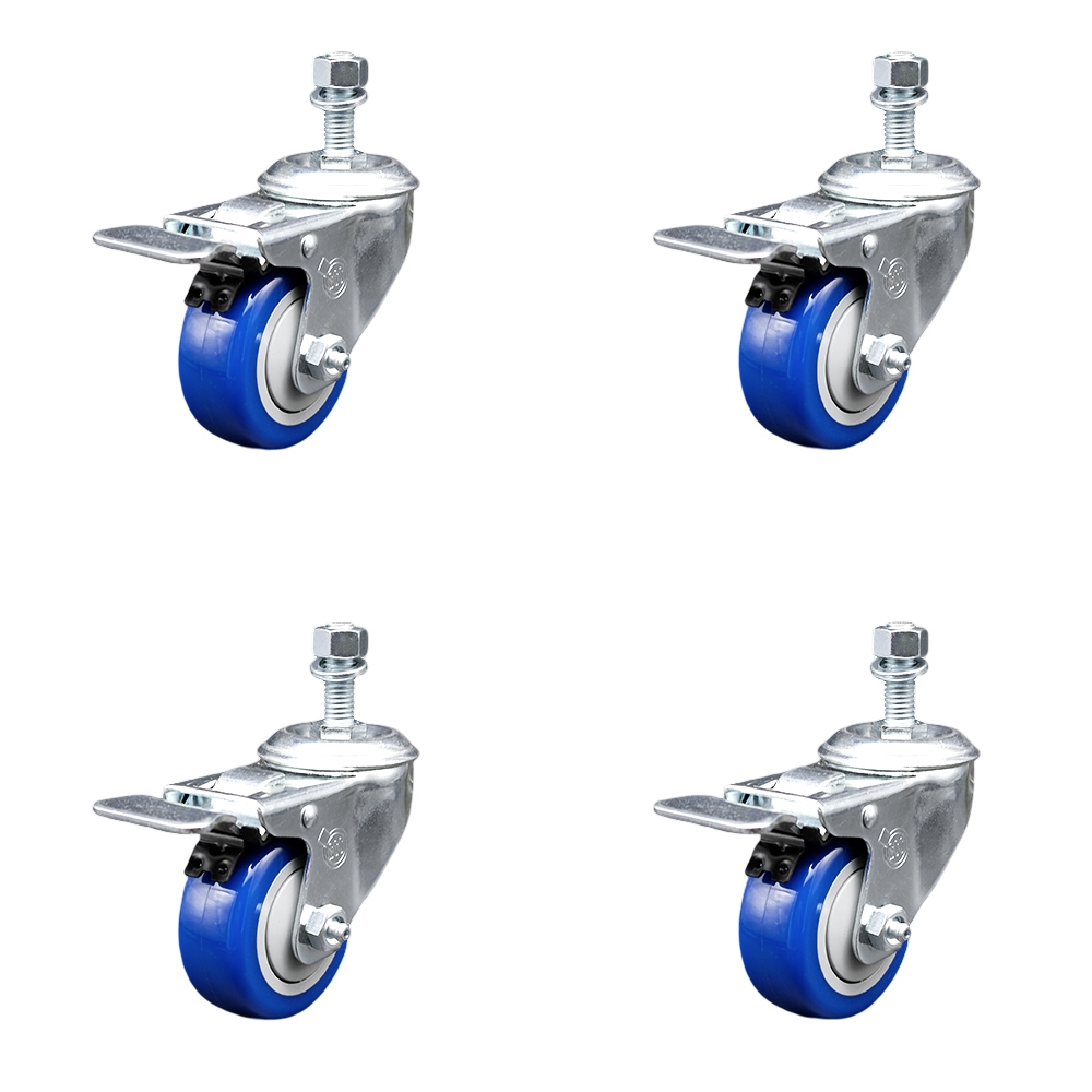 Polyurethane Swivel Threaded Stem Caster Set of 4 w/3" x 1.25" Blue Wheels and 1/2" Stems - Includes 4 with Total Lock Brakes - 1200 lbs Total Capacity - Service Caster Brand — photo 1