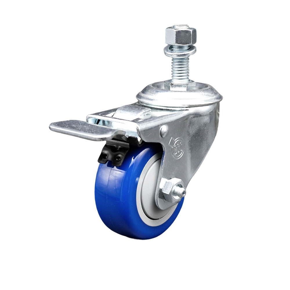 3" Swivel Caster with 12mm Threaded Stem, Blue Polyurethane Wheel and Total Lock Brake - 300 lbs. Capacity - Service Caster Brand — photo 1