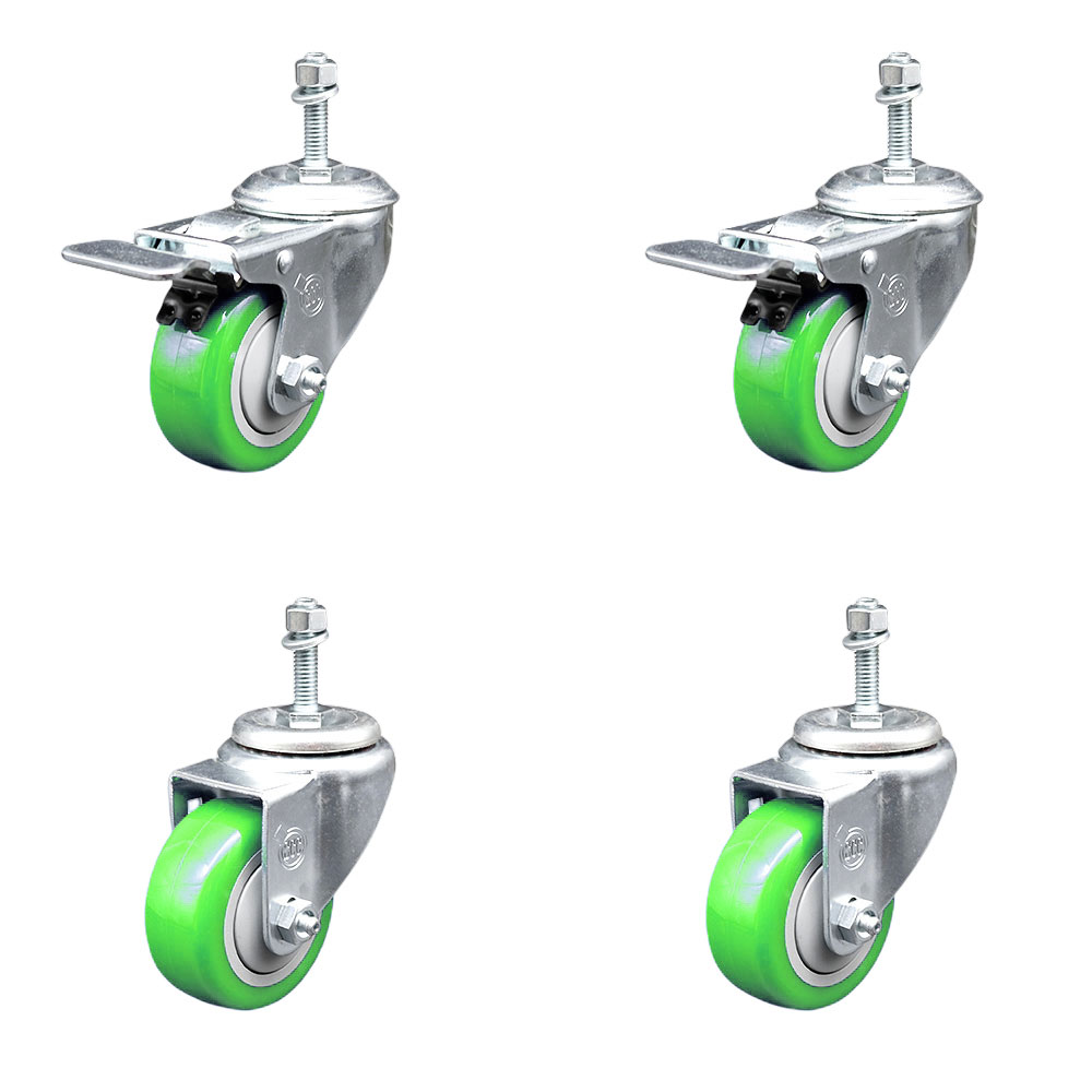 Polyurethane Swivel Threaded Stem Caster Set of 4 w/3" x 1.25" Green Wheels and 10mm Stems - Includes 2 with Total Locking Brake - 1200 lbs Total Capacity - Service Caster Brand — photo 1