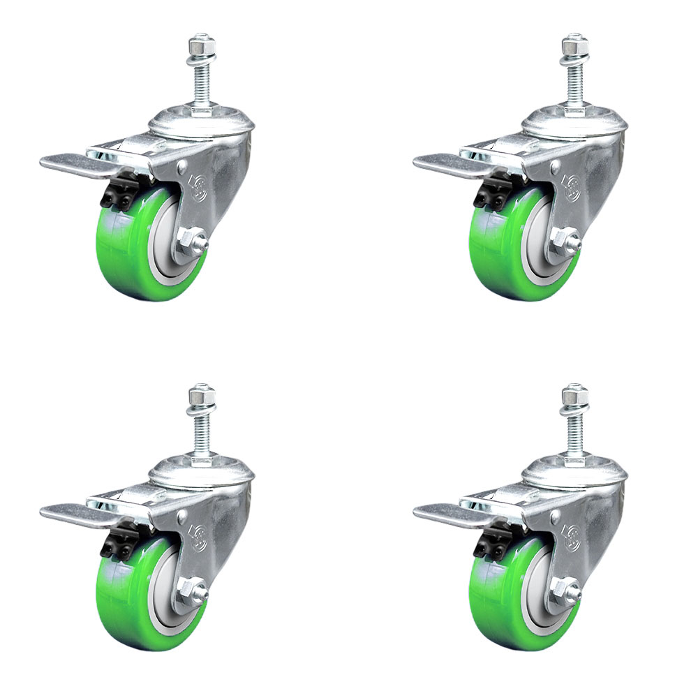 Polyurethane Swivel Threaded Stem Caster Set of 4 w/3" x 1.25" Green Wheels and 10mm Stems - Includes 4 with Total Lock Brakes - 1200 lbs Total Capacity - Service Caster Brand — photo 1