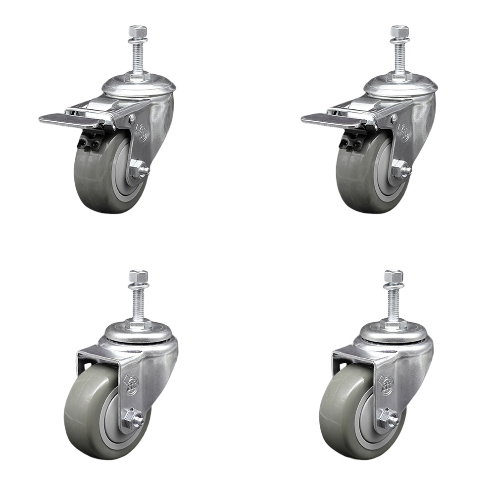 Polyurethane Swivel Threaded Stem Caster Set of 4 w/3" x 1.25" Gray Wheels and 10mm Stems - Includes 2 with Total Locking Brake - 1200 lbs Total Capacity - Service Caster Brand — photo 1