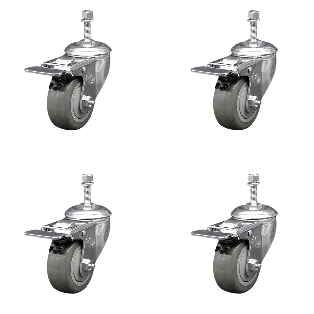 Polyurethane Swivel Threaded Stem Caster Set of 4 w/3" x 1.25" Gray Wheels and 10mm Stems - Includes 4 with Total Lock Brakes - 1200 lbs Total Capacity - Service Caster Brand — photo 1