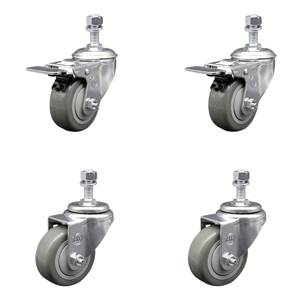 Polyurethane Swivel Threaded Stem Caster Set of 4 w/3" x 1.25" Gray Wheels and 12mm Stems - Includes 2 with Total Locking Brake - 1200 lbs Total Capacity - Service Caster Brand — photo 1