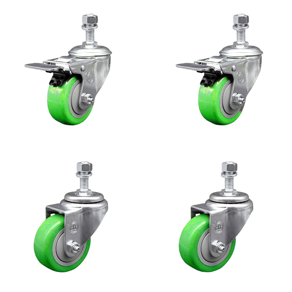 Polyurethane Swivel Threaded Stem Caster Set of 4 w/3" x 1.25" Green Wheels and 12mm Stems - Includes 2 with Total Locking Brake - 1200 lbs Total Capacity - Service Caster Brand — photo 1