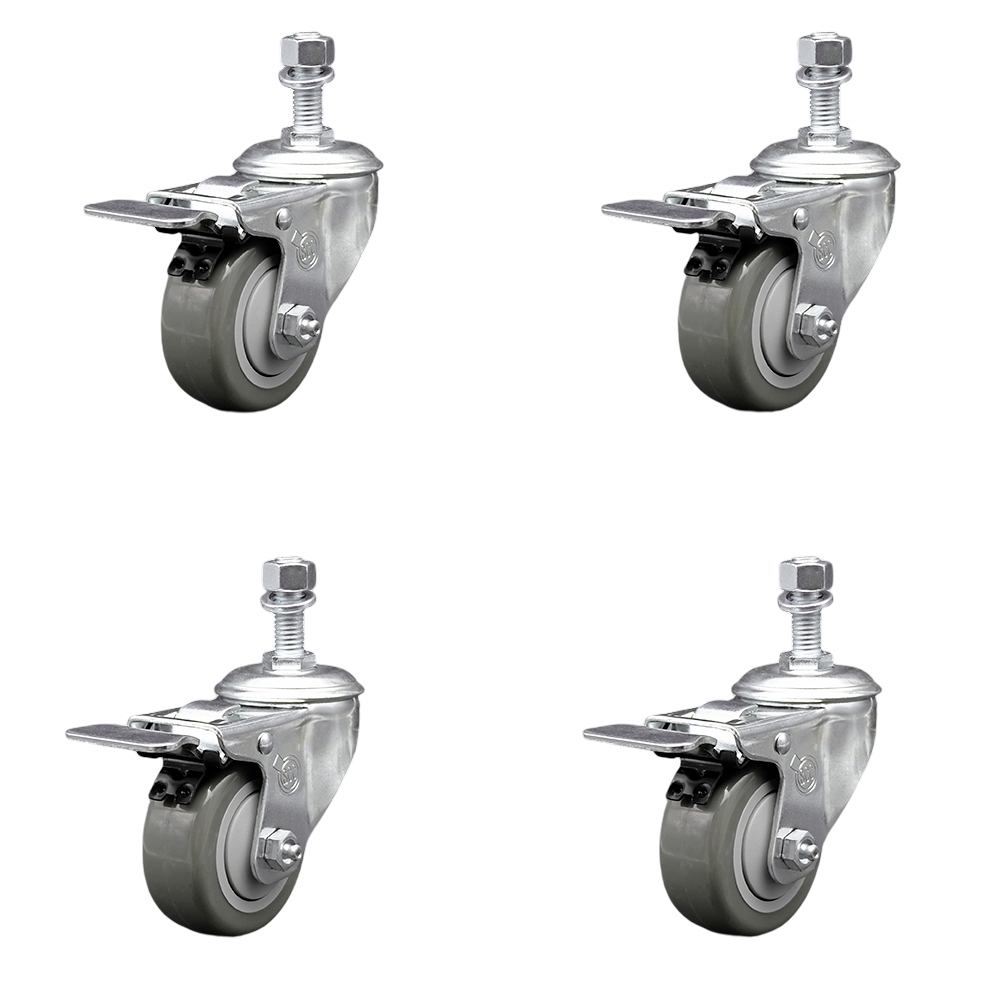 Polyurethane Swivel Threaded Stem Caster Set of 4 w/3" x 1.25" Gray Wheels and 12mm Stems - Includes 4 with Total Lock Brakes - 1200 lbs Total Capacity - Service Caster Brand — photo 1