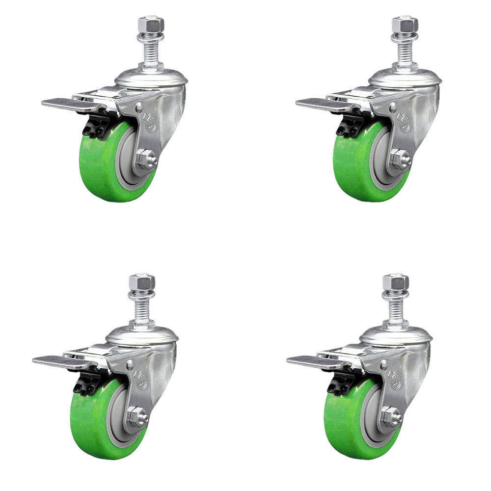 Polyurethane Swivel Threaded Stem Caster Set of 4 w/3" x 1.25" Green Wheels and 12mm Stems - Includes 4 with Total Lock Brakes - 1200 lbs Total Capacity - Service Caster Brand — photo 1