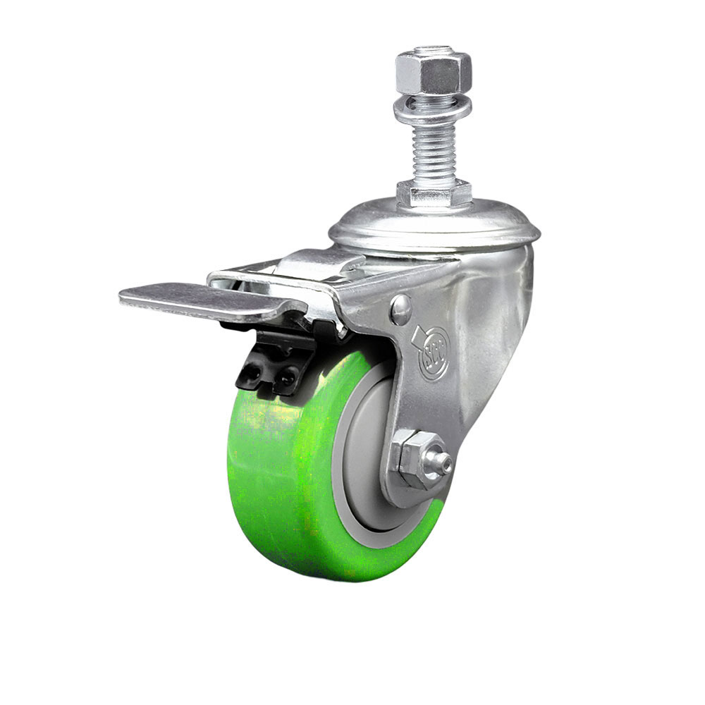 Polyurethane Swivel Threaded Stem Caster w/3" x 1.25" Green Wheel and 12mm Stem & Total Locking Brake - 300 lbs Capacity/Caster - Service Caster Brand — photo 1