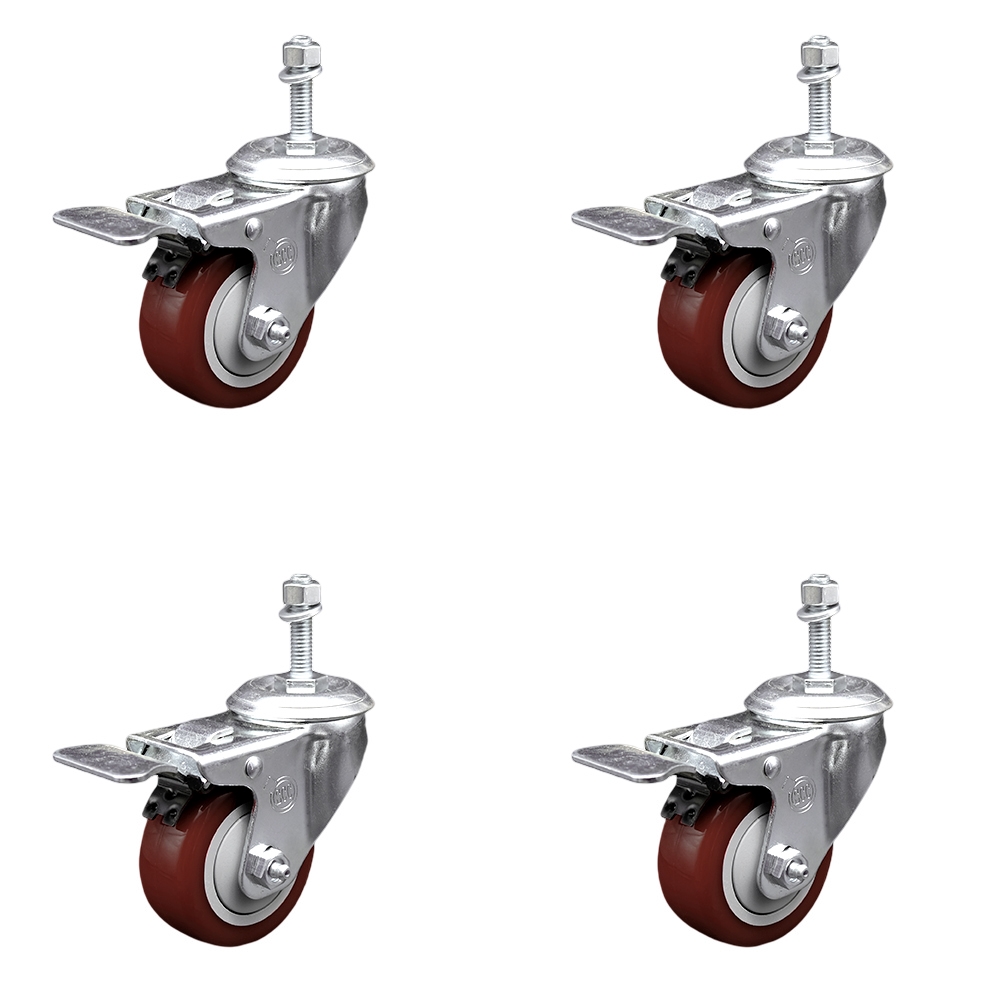 Service Caster Brand Replacement Set for Laguna Casters - Swivel 3/8 Inch Threaded Stem Casters with 3 Inch Maroon Polyurethane Wheels and Total Lock Brakes - Fits Laguna SuperBrush Single 49 3PH 220V — photo 1