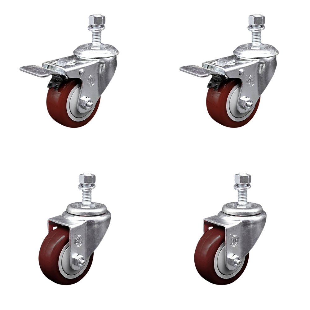 Polyurethane Swivel Threaded Stem Caster Set of 4 w/3" x 1.25"  Maroon Wheels and 12mm Stems - Includes 2 with Total Locking Brake - 1200 lbs Total Capacity - Service Caster Brand — photo 1