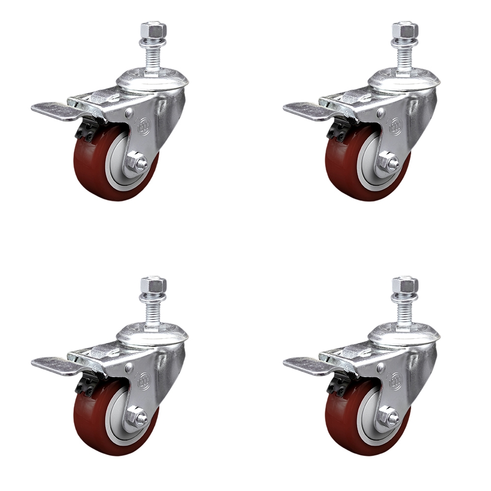 Polyurethane Swivel Threaded Stem Caster Set of 4 w/3" x 1.25" Maroon Wheels and 12mm Stems - Includes 4 with Total Lock Brakes - 1200 lbs Total Capacity - Service Caster Brand — photo 1